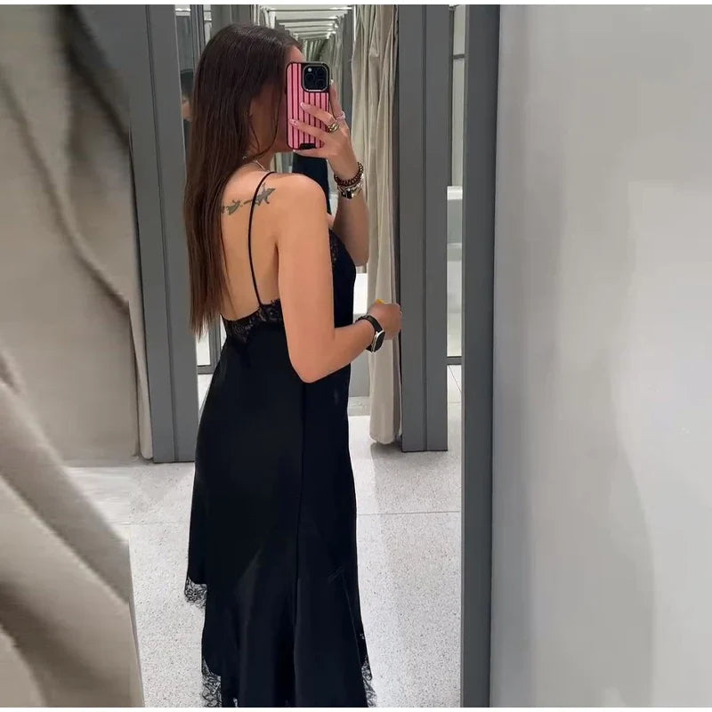 Brown Satin Sexy Lace Spliced Short Sling Dress Women V-neck Sleeveless Backless Asymmetric Party Dresses 2025 Summer Lady Robes