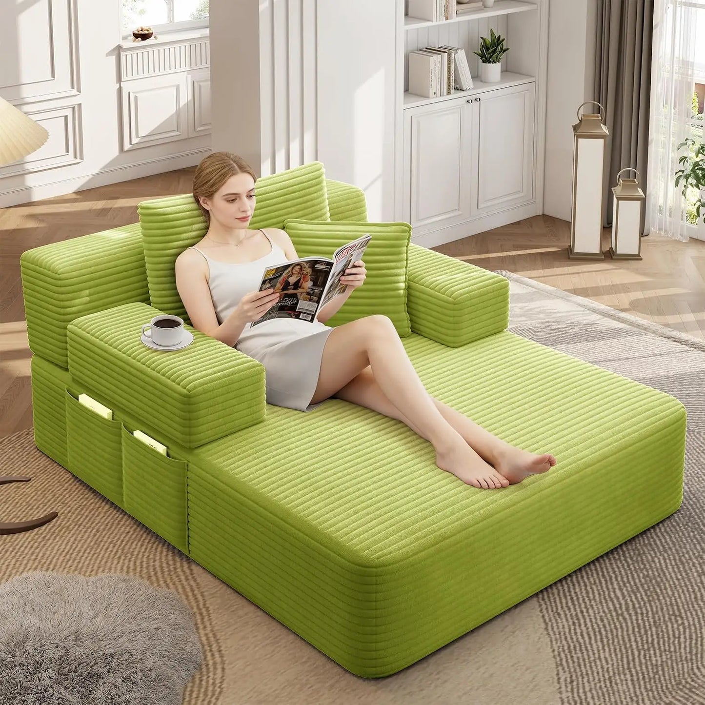2-in-1 Convertible Chaise Lounge Indoor, 60.2" Corduroy Upholstered Chaise Lounge Chair that Converts to Sleeper, Custom