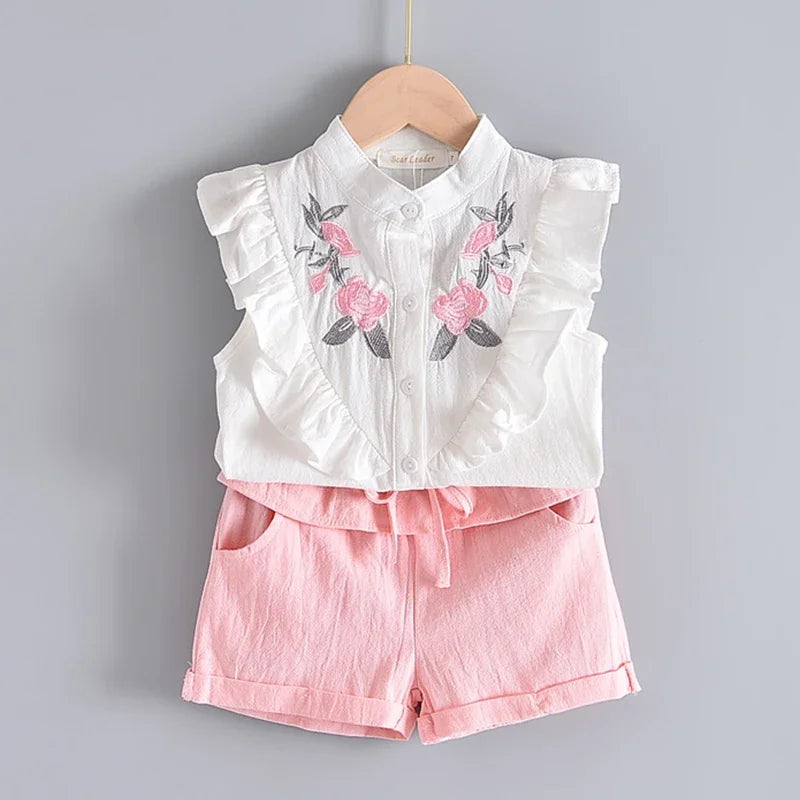 Bear Leader New Summer Casual Children Sets Chiffon Flowers Blue Girls Clothing Sets Kids Summer Set for 3-7 Years