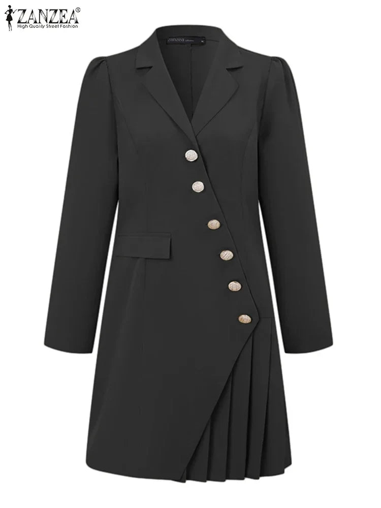 2024 ZANZEA Elegant Women OL Work Blazer Dress Autumn Fashion Casual Lapel Neck Solid Pleated Short Vestido Long Sleeve Sundres