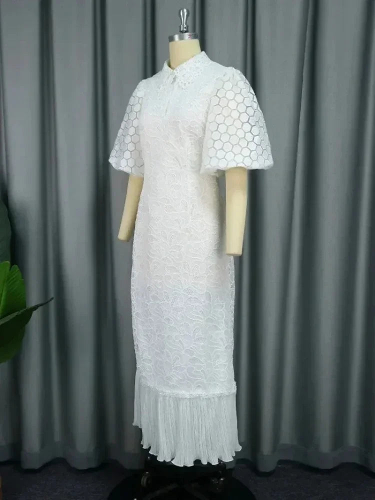 White Lace Dresses for Women , Elegant Turn Down Collar, Puff Sleeves Pleated Hem, Midi Dress Luxury Occasion Clothes.