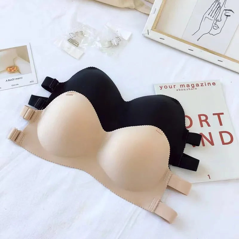 Sexy Backless Invisible Push Up for Women, Seamless Black Strapless Bra.