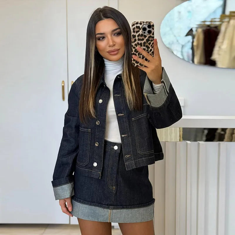 Denim Skirt Women Set Casual Long Sleeve Lapel Pocket Button Jacket Pleated Min Skirts 2025 Spring Summer Lady Suit
