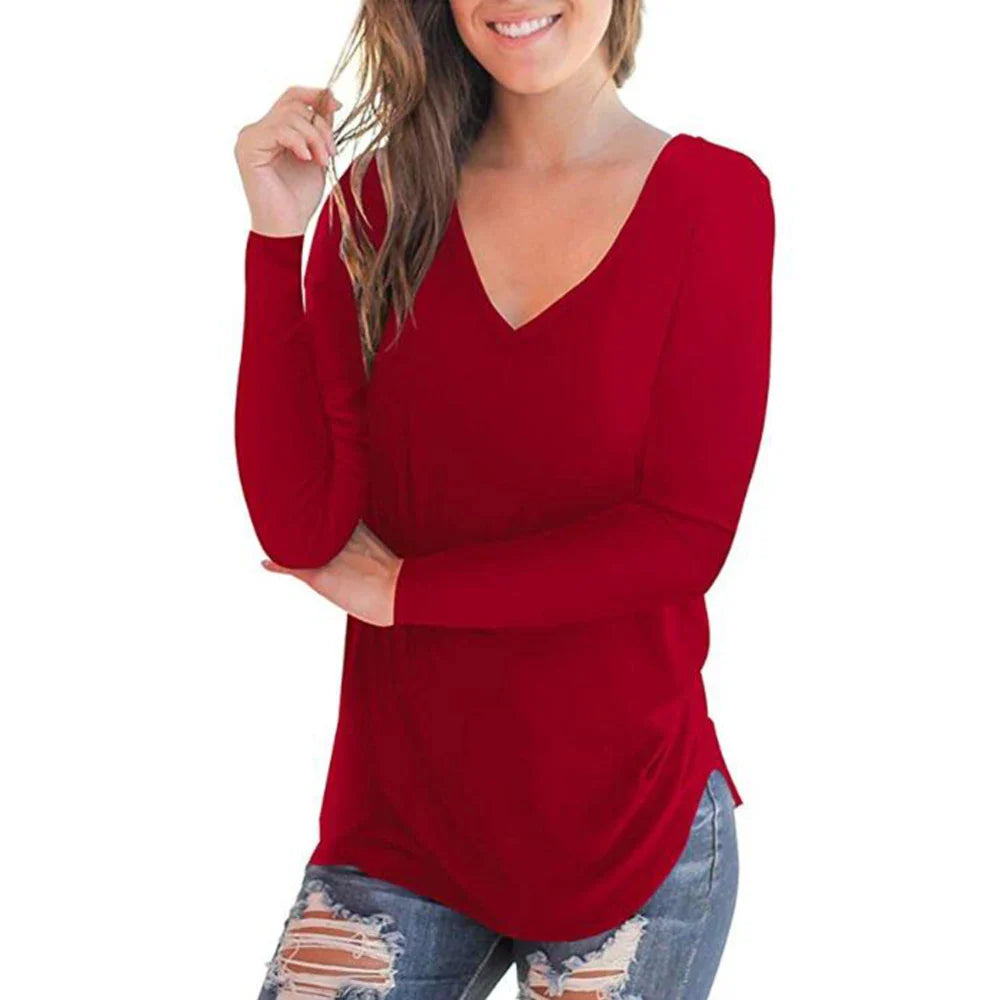 2023 autumn and winter women's clothes solid color primer new style V neck long sleeve women's T-shirt women in stock