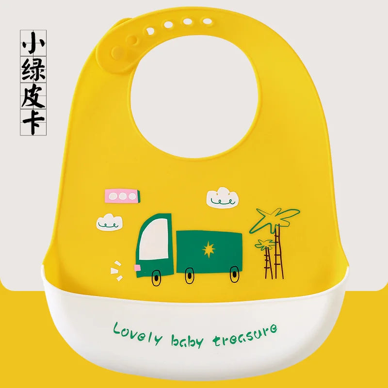Cute Baby Bibs Waterproof Silicone Bib Infant Toddler Feeding Saliva Towel Cartoon Adjustable Children Apron with Pocket Scarf