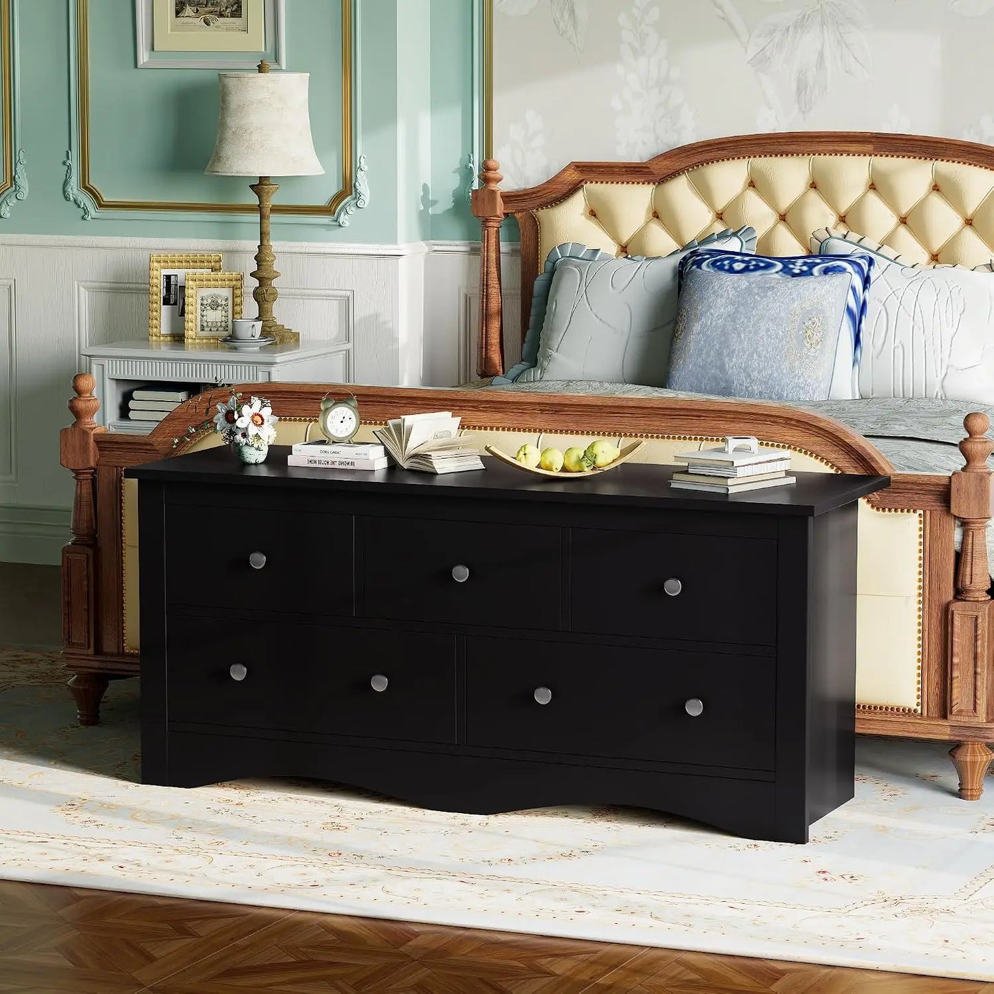 5 Dresser for Bedroom,TV Stand for Living Room, Black| 52" Wood Dresser, Chest of Drawers, for TV up to 65 inch,15.7Dx52Wx23.2H
