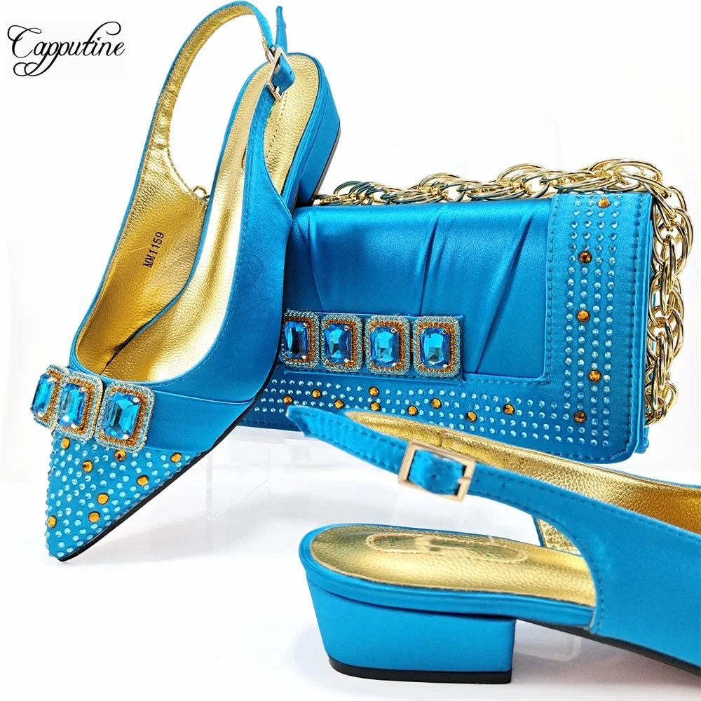 Peach Women Shoes And Bag Set Luxury  Ladies Sandals Match With Handbag Clutch Medium Heels Pumps Sandales Femmes MM1159
