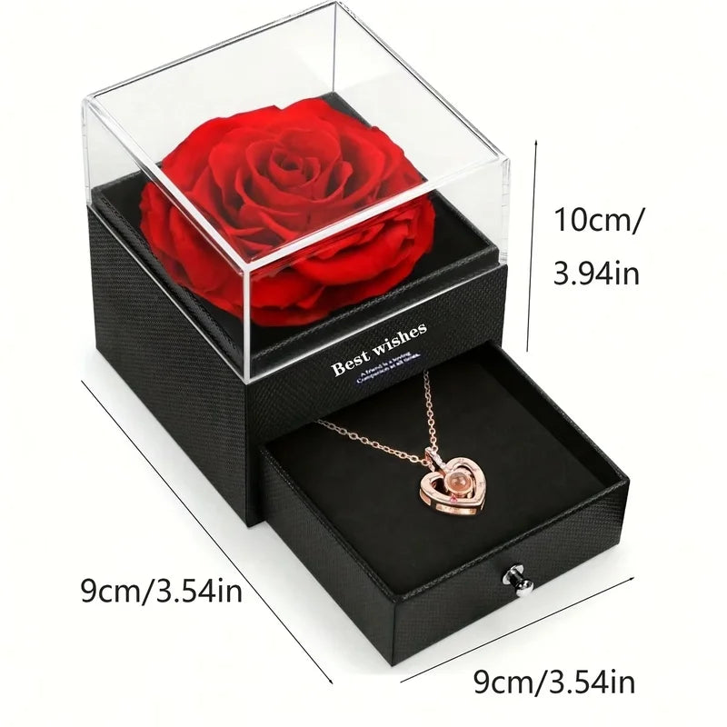 Preserved Red Rose with I Love You Necklace, for Women, Mom, Wife,Christmas Valentines Day Mothers Day Anniversary Birthday Gift