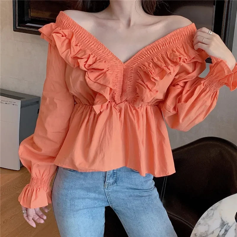 Gagaok Women Sweet Short Blouse Spring Autumn New Solid V-Neck Flare Sleeve Ruffles Slim Chic Wild Female Fashion Korean Shirt