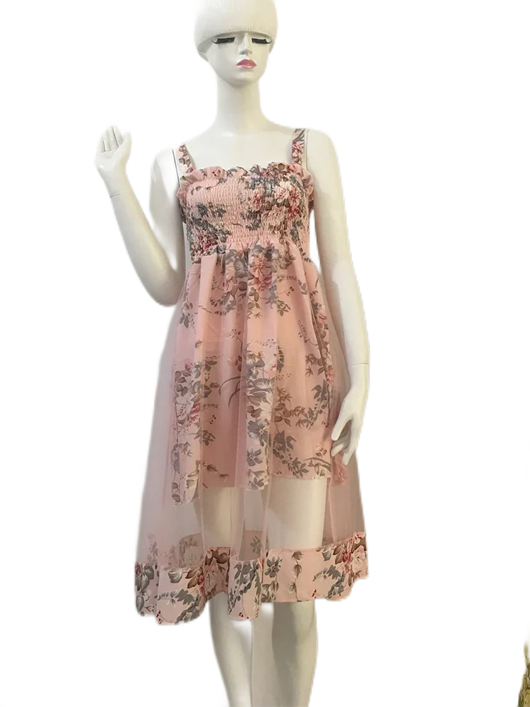 litmage Summer Women's Dress French Retro Square Neck Print Suspender Dress New Waist Lace Feamle Short Dresses HH293