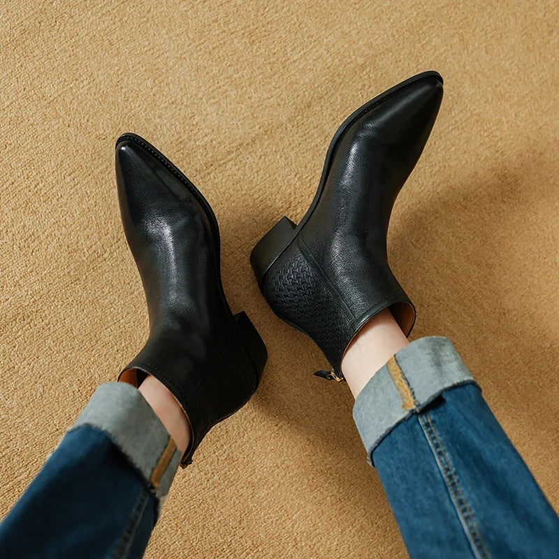 2025 New Autumn Women Boots Pointed Toe Chunky Heel Shoes Genuine Leather Women Shoes Concise Zipper Ankle Boots Western Boots