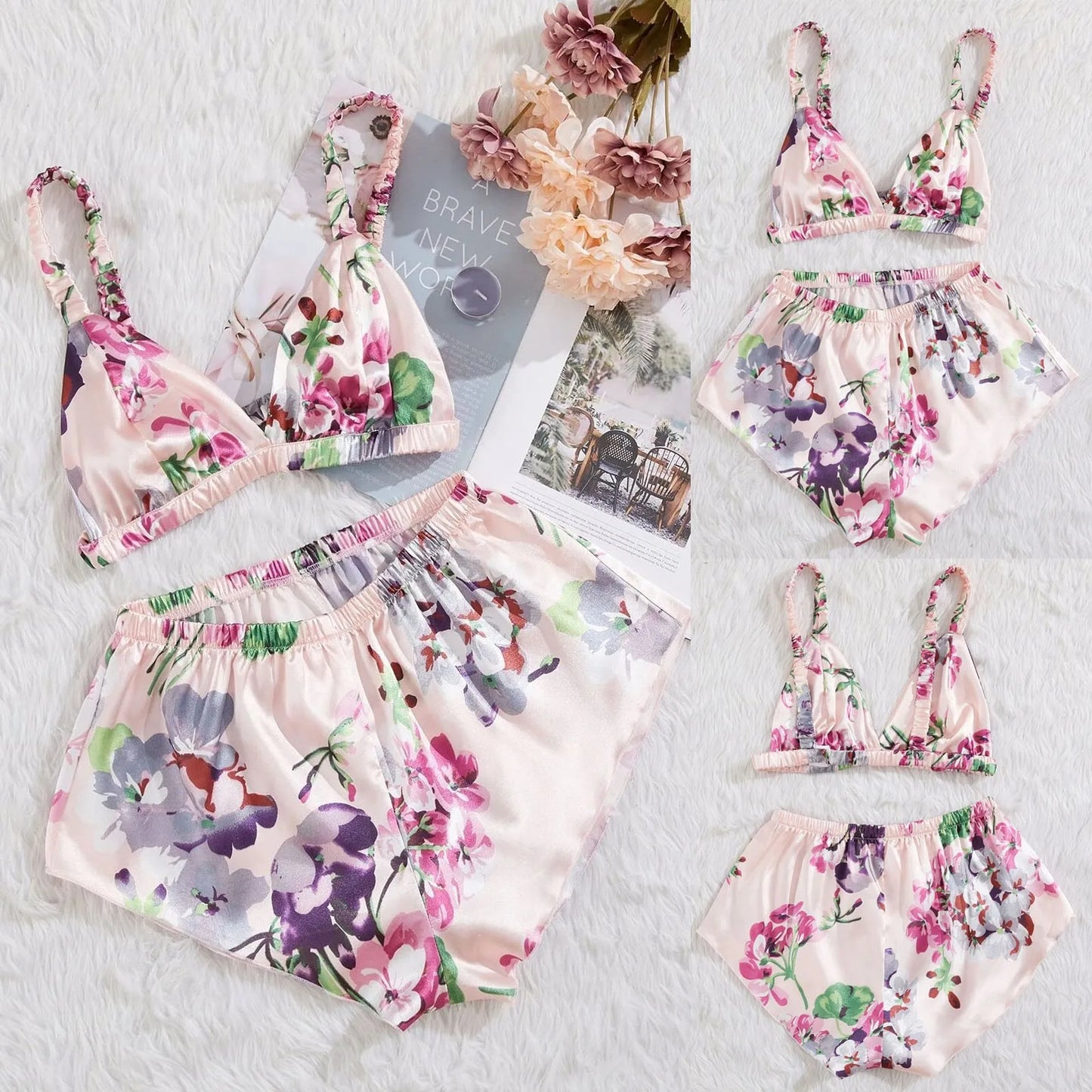Lingeries Sets Sexy Satin Silk Lingerie Sleepwear Flower Printing Underwear Women Set Sexy Lingeries For Woman Outfit Lenceria