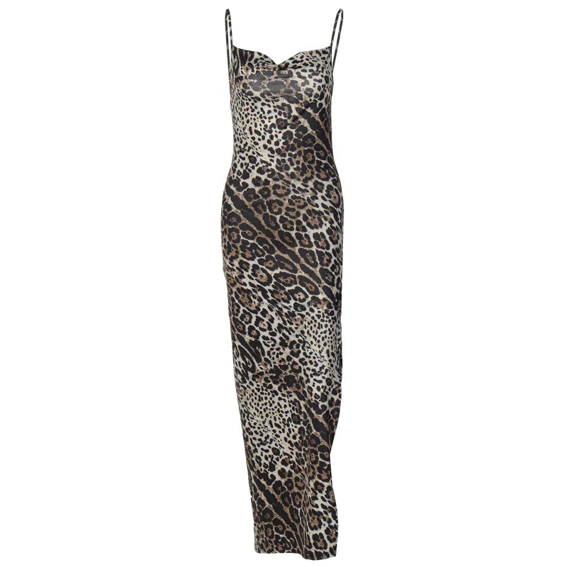 Hugcitar Leopard Print Swing Collar Sleeveless Sexy Maxi Slit Prom Dress Summer Women Fashion Y2K Clothes Party Beach Vacation
