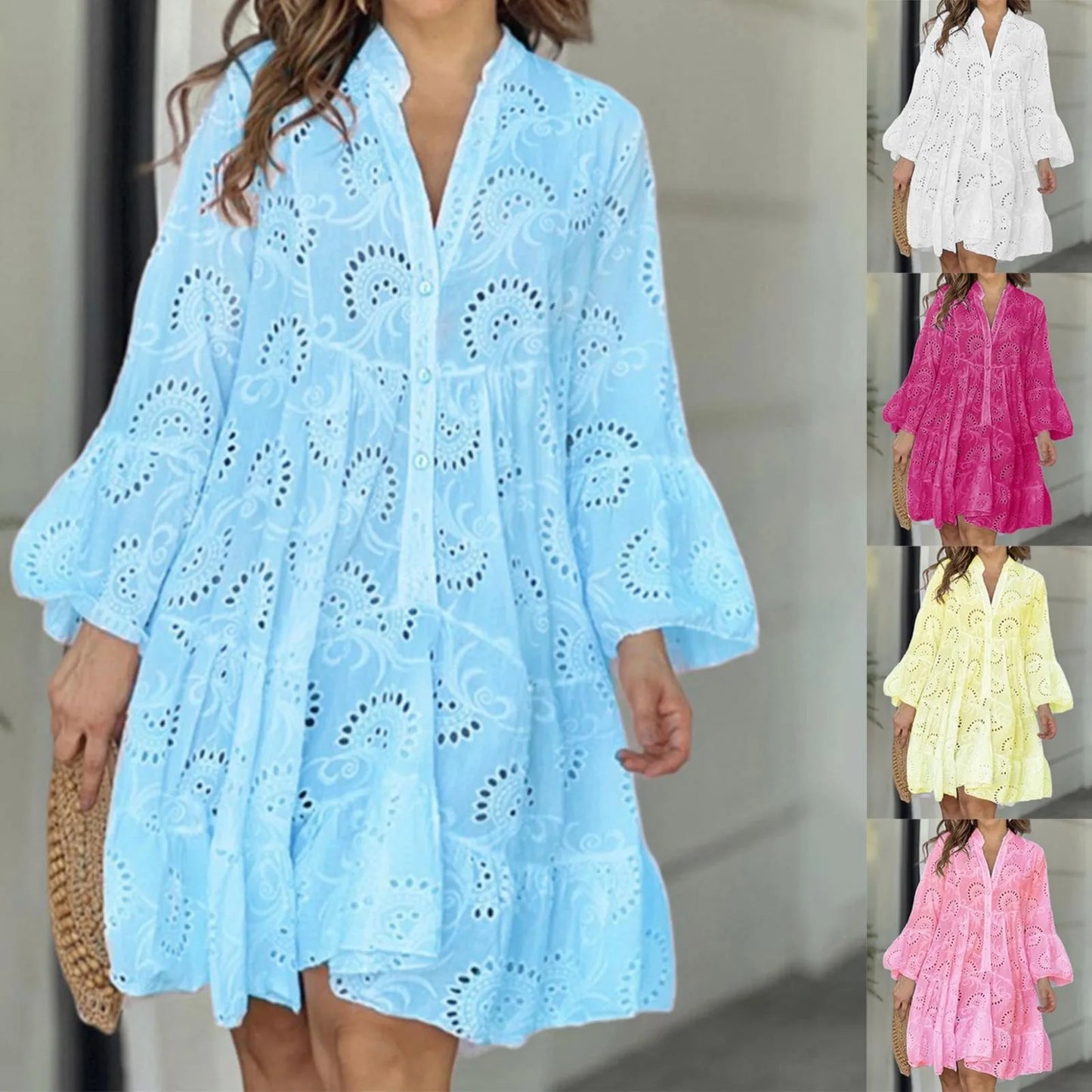 Plus Size S-5XL Hollow Out Dresses for Women Summer Elegant Solid Embroidered Lace Dress Loose Holiday Beach Mini Dress White
