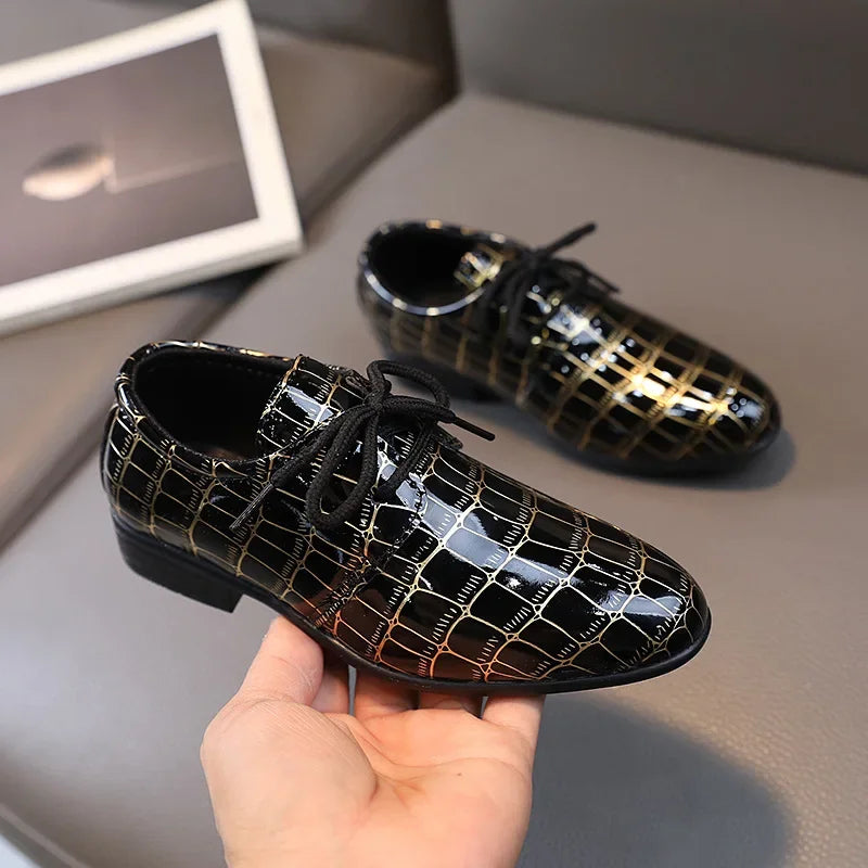 Boys Performance Shoe, Pointed Toe Black, White Children Leather Casual Shoes.