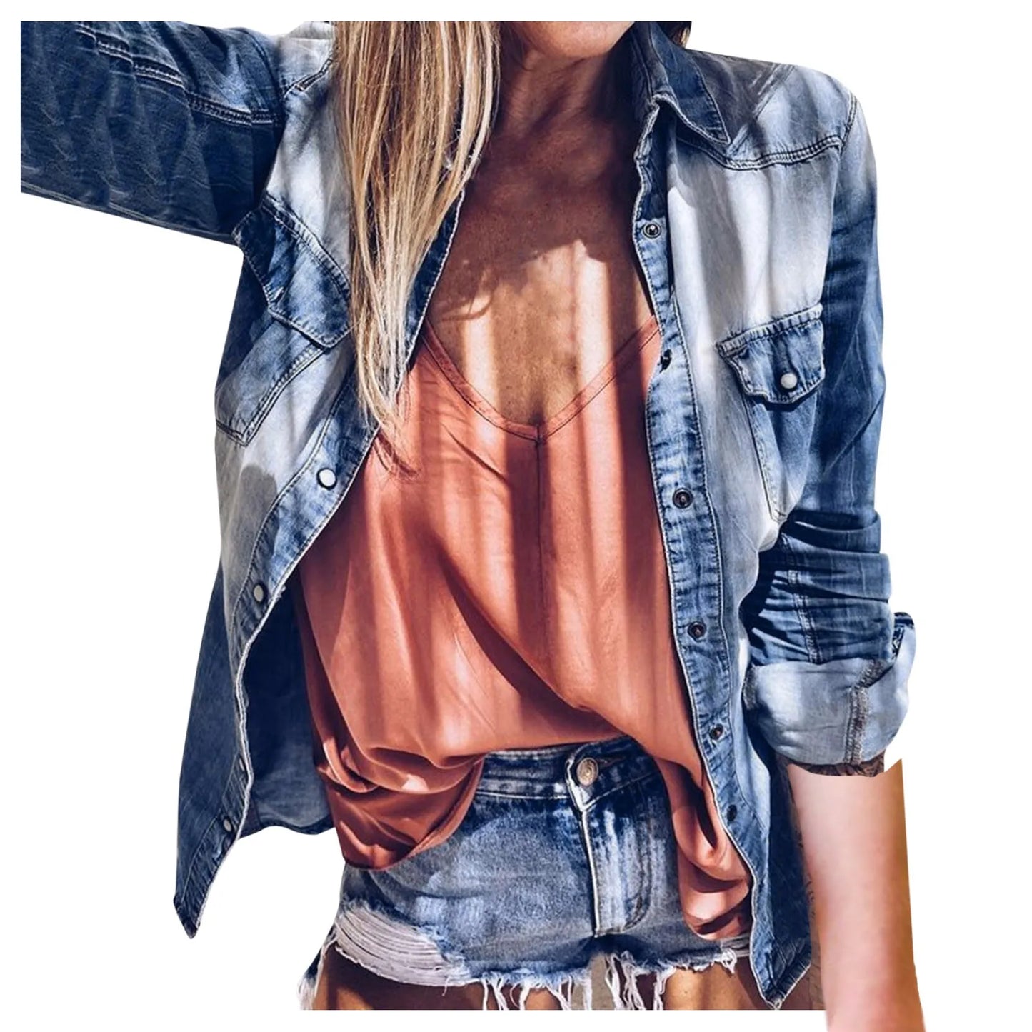 Women Fashion Vintage Washed Denim Shirt Classic Versatile Retro Style Slim Fot Long Sleeve Office Shirts With Pocket Blouse Top