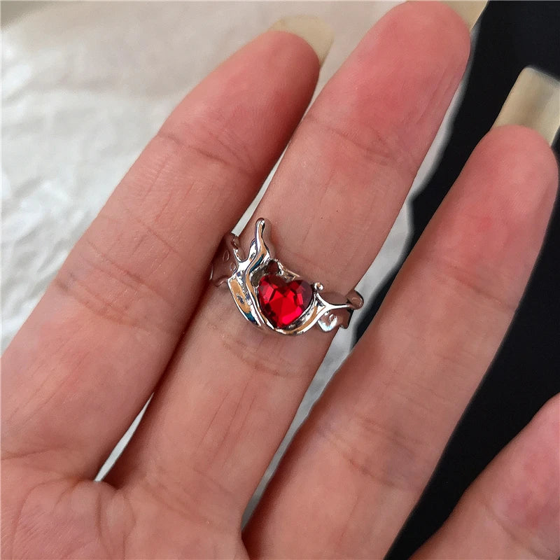 Goth Punk Vintage Red Crystal Love Heart Cross Geometry Irregular Open Ring Set Y2K Halloween Accessories For Women Kpop Jewelry