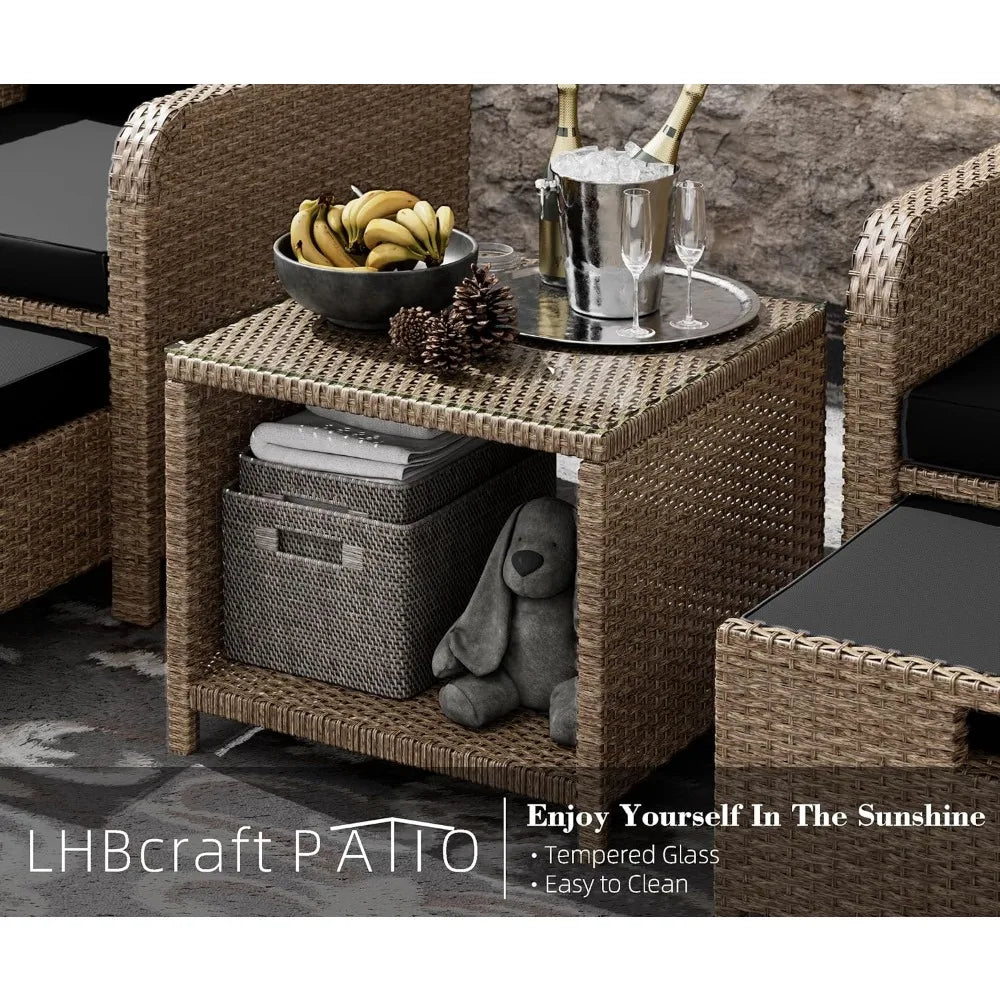 5 Piece Patio Conversation Set, PE Wicker Rattan Outdoor Lounge Chairs with Soft Cushions 2 Ottoman&Glass Table for Porch, Lawn