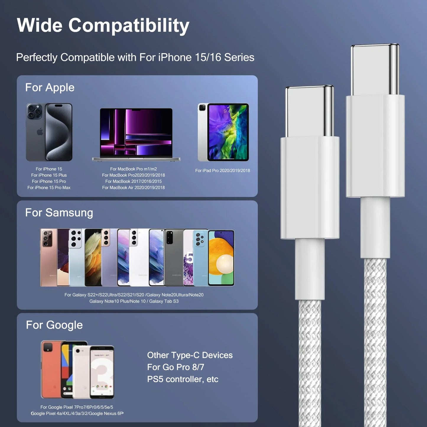 40W PD Fast Charger For iPhone, 17 16 15 Pro Max USB C to C, Fast Charging Cable For Samsung S25 S24 Air Pods Phone Accessories.