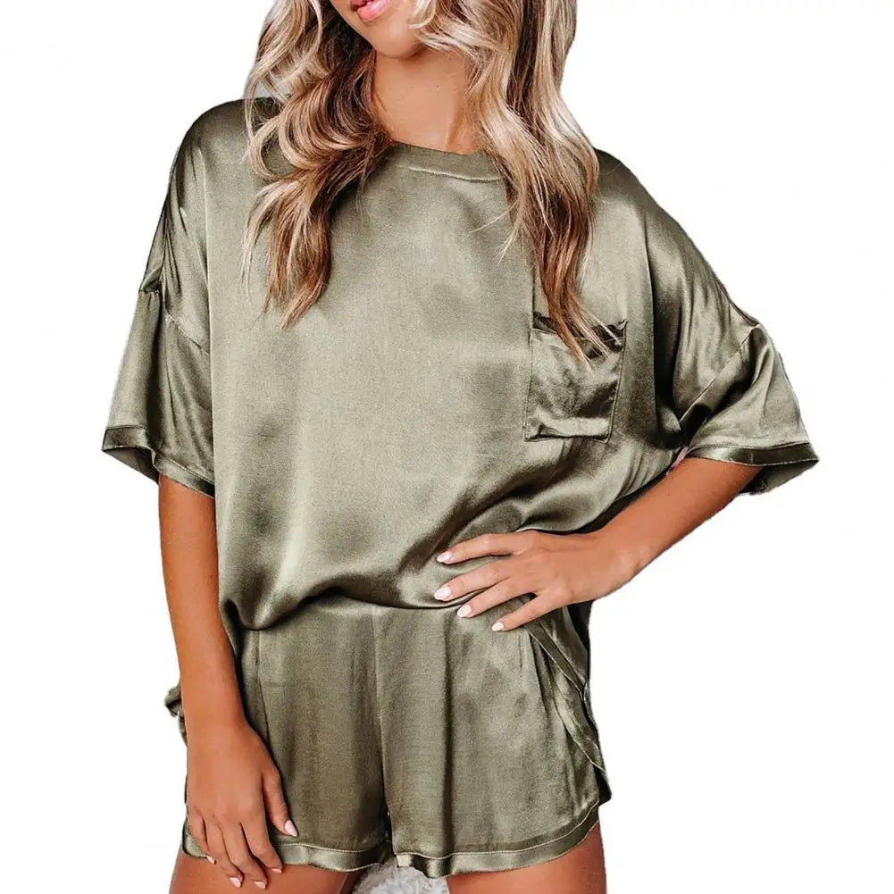 Women Spring Autumn 2pcs Satin Pajamas Set Short Sleeve Button Up Shirt and Casual Loose Elastic Pants Sleepwear Loungewear