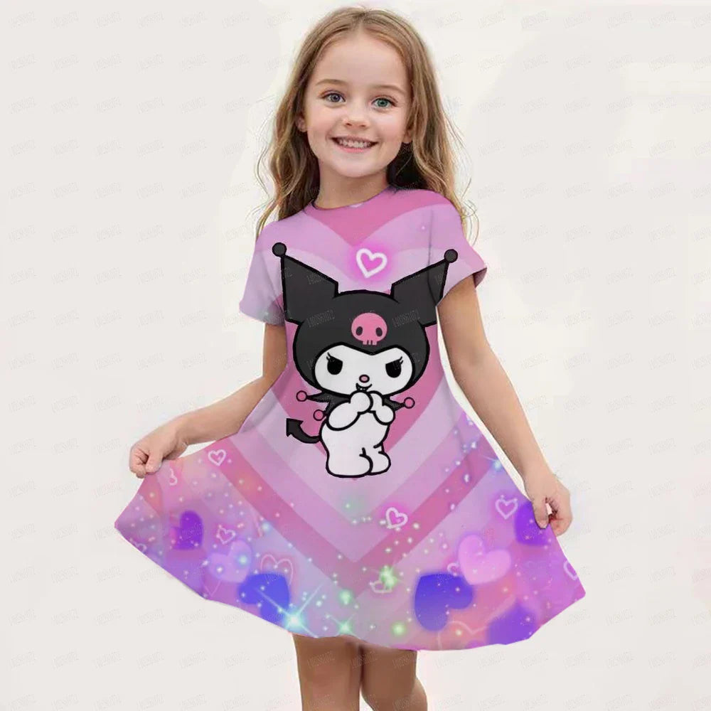 Kids Girls Clothes Kawaii Cartoon 3D Kuromi Printed Adults Party Popular Dresses Summer Short Sleeve Parent-child Clothing Dress