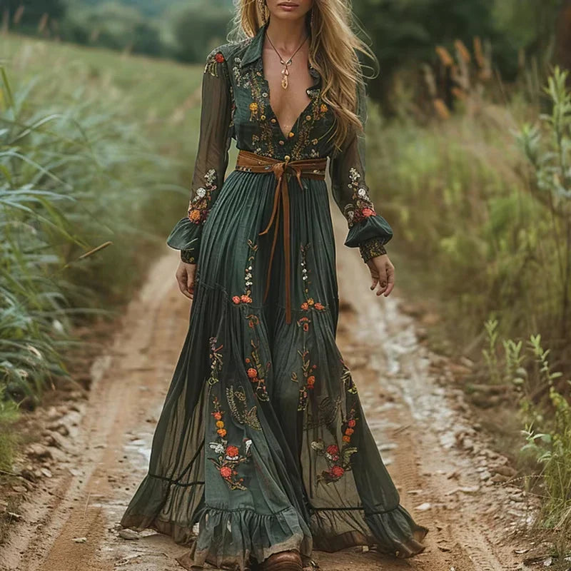 Vintage Pattern Printed Long Sleeved Women's Dress Casual V-neck High Waist Pleated Autumn Dress Elegant Loose Bohemian Dresses