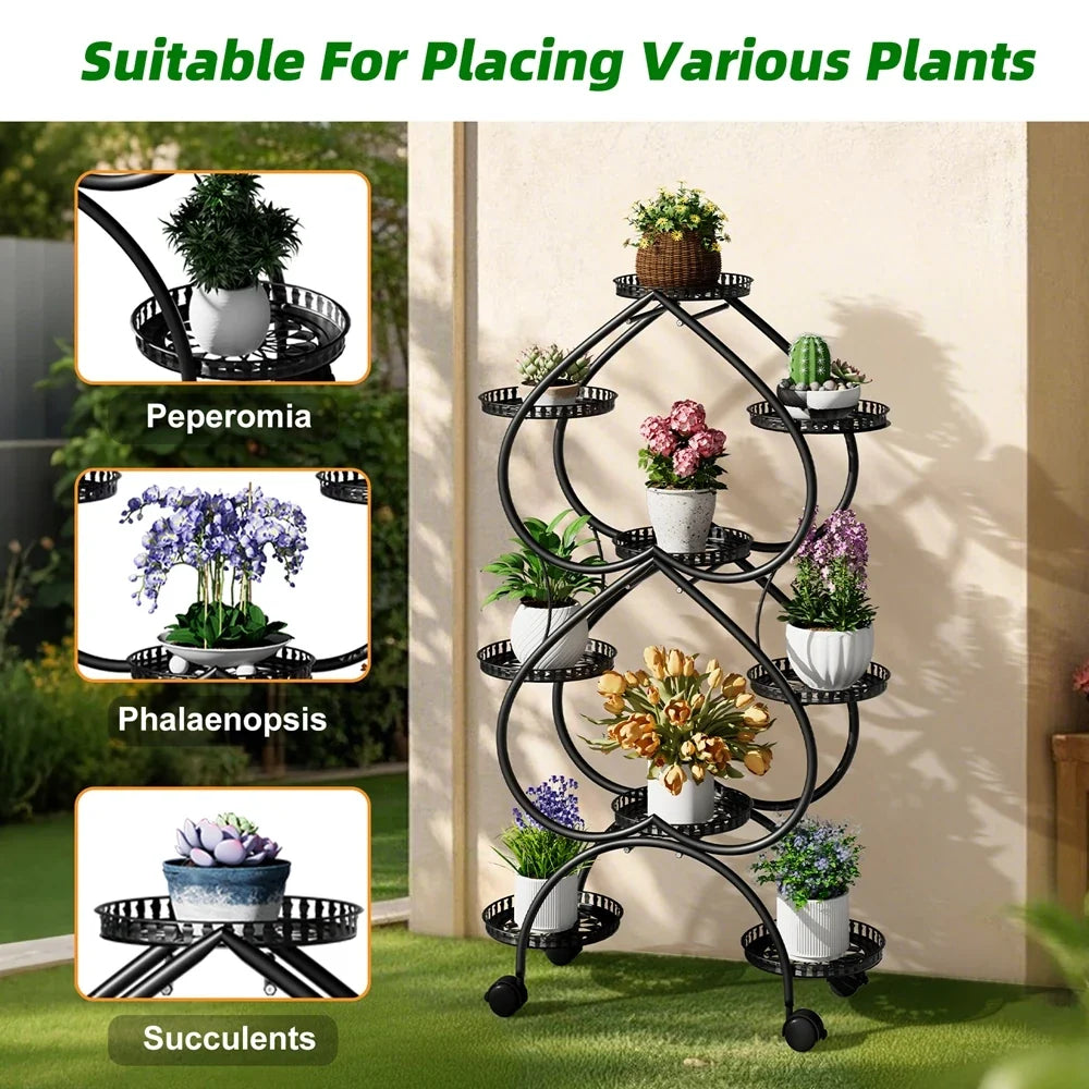 Iron Metal Plant Stand 9-Potted Rolling Flower Display Rack Holder with Wheels Indoor Outdoor