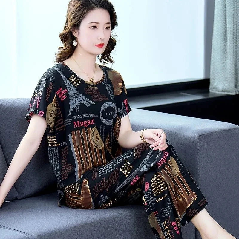 Cotton Silk Suit Summer Women's Sets New Casual Solid Color Short Sleeve Ankle-Length Pants 2 Piece Set Middle Age Mother Outfit