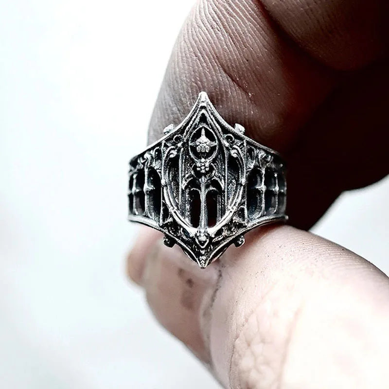 Vintage Antique Silver Gothic Hollow Wide Band Ring Dark Punk Openwork Architecture Carved Finger Ring Retro Hip Hop Biker Aesthetic Statement Jewelry Gift
