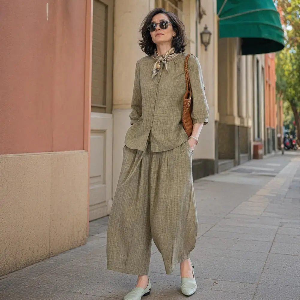 2026 Plus Size Casual Suit Women 2 Piece Cotton Linen Sets, Button Down Short Sleeve Top And Wide Leg Pants Casual Loose Lounge