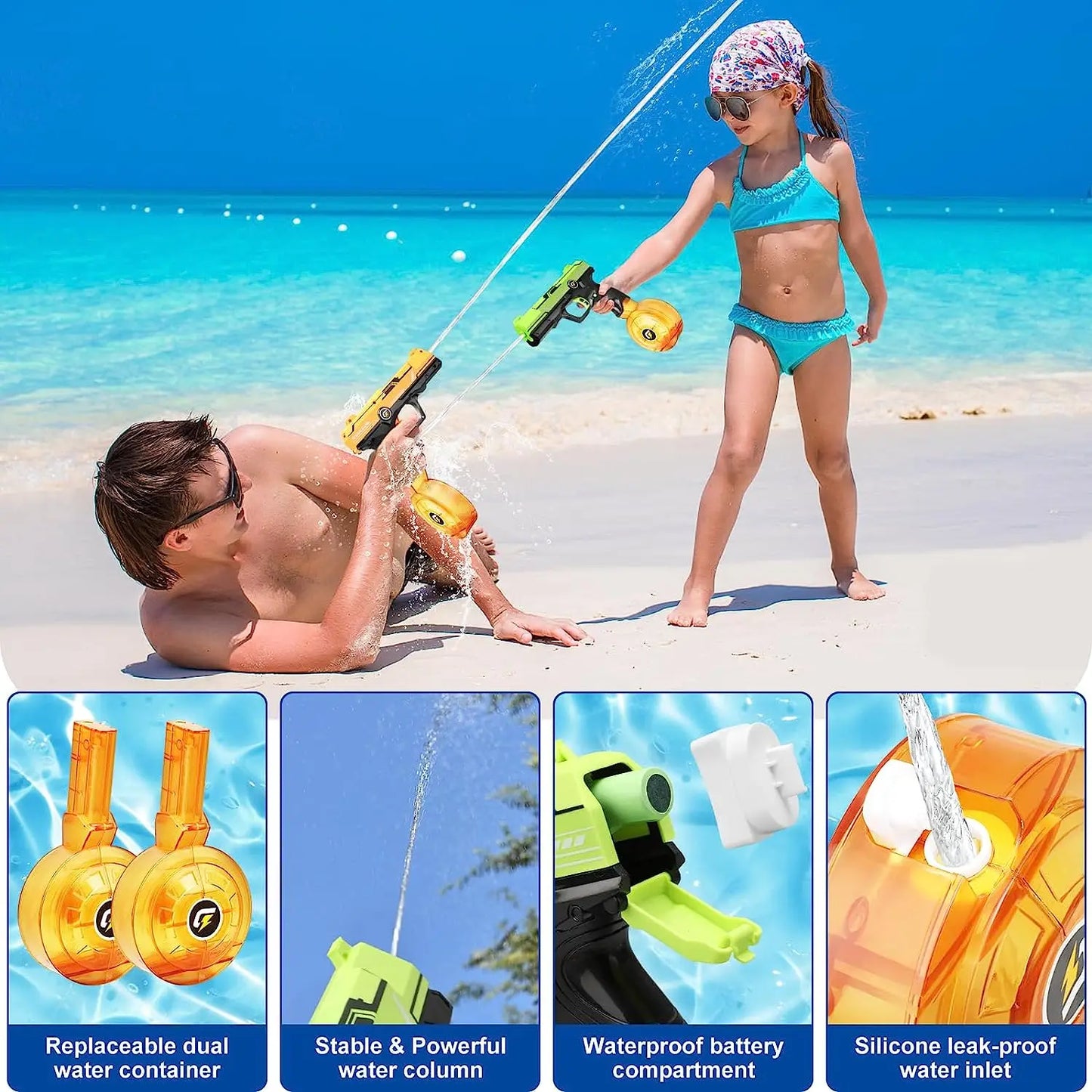 VATOS 2 Pack Electric Water Gun Squirt Pistol Toy Squirt Toys Blaster Summer Beach Pool Outdoor Toys for Kids Adults