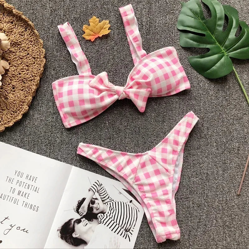 Sexy Pink Plaid Bikini Set Women Push Up Swimsuit Strap 2 Piece Set Swimwear Women Bathing Suit Halter Top Biquini Female