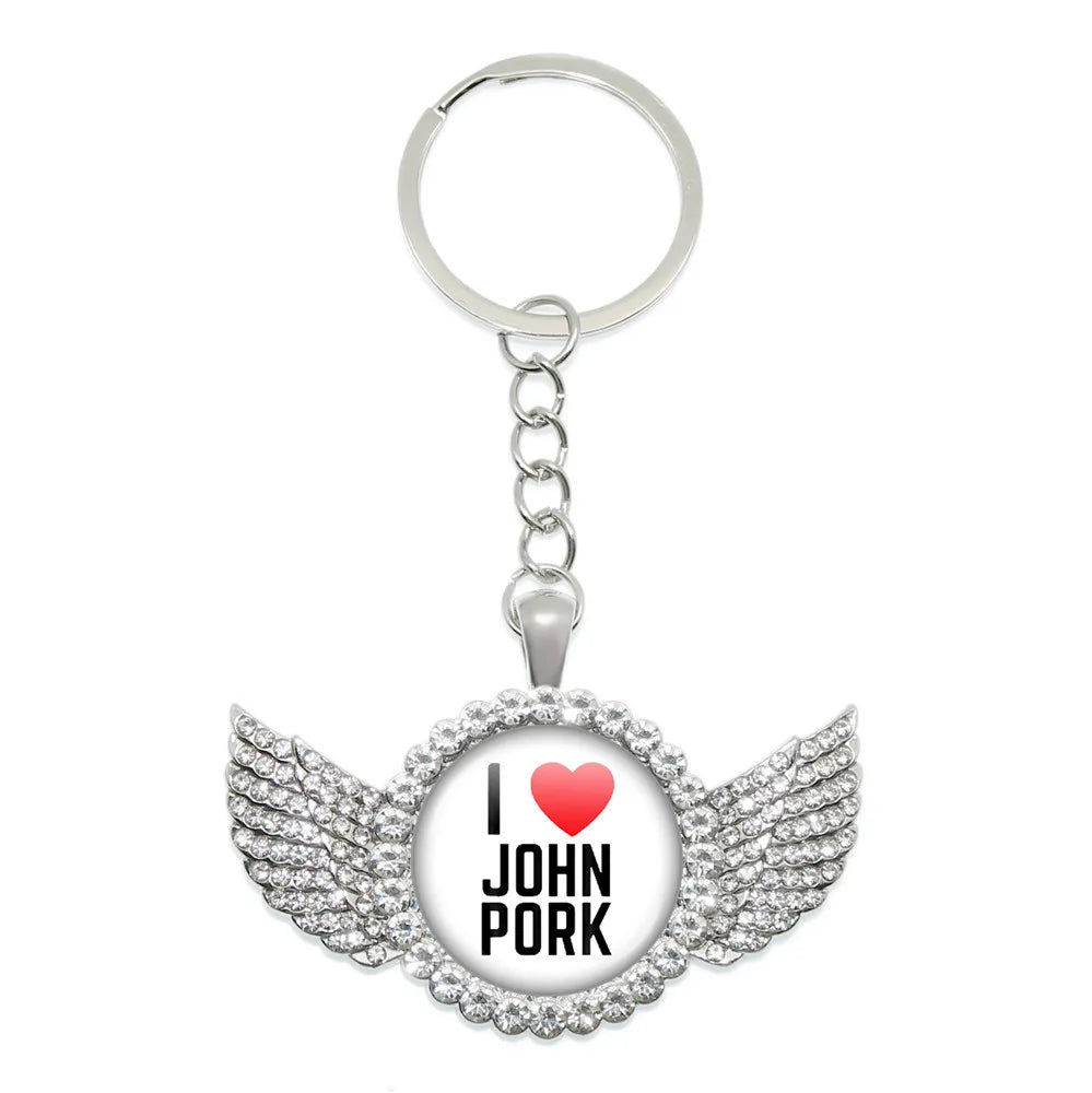 New John Pork Is Calling Answer Call Phone Humor Funny Pig Lover Graphic Meme Glass Dome Pendant Cabochon Keychain Jewelry Gifts