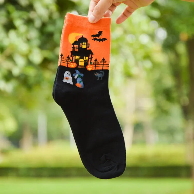 Halloween Harajuku Characteristic Couple Socks Funny Bat Pumpkin Lantern Wizard Ghost Print Men's Women's Middle Tube Socks