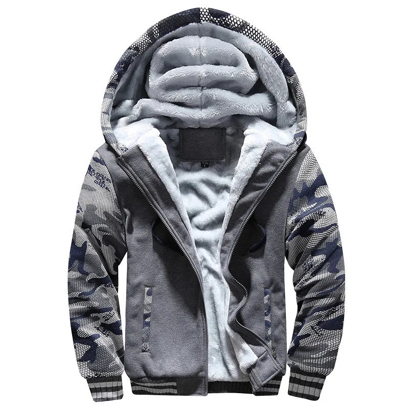 Men's Jacket Winter Camouflage Fleece Thicken Hooded Jackets, Casual Zip Up Hoodies Streetwear Coats.