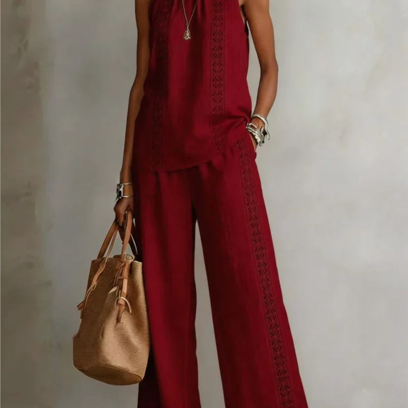 Sexy Halter Neck Sleeveless Tops Women's Suit Summer New Fashion Loose Retro Hollow Lace Pocket Wide Leg Pants 2-piece Set 2026