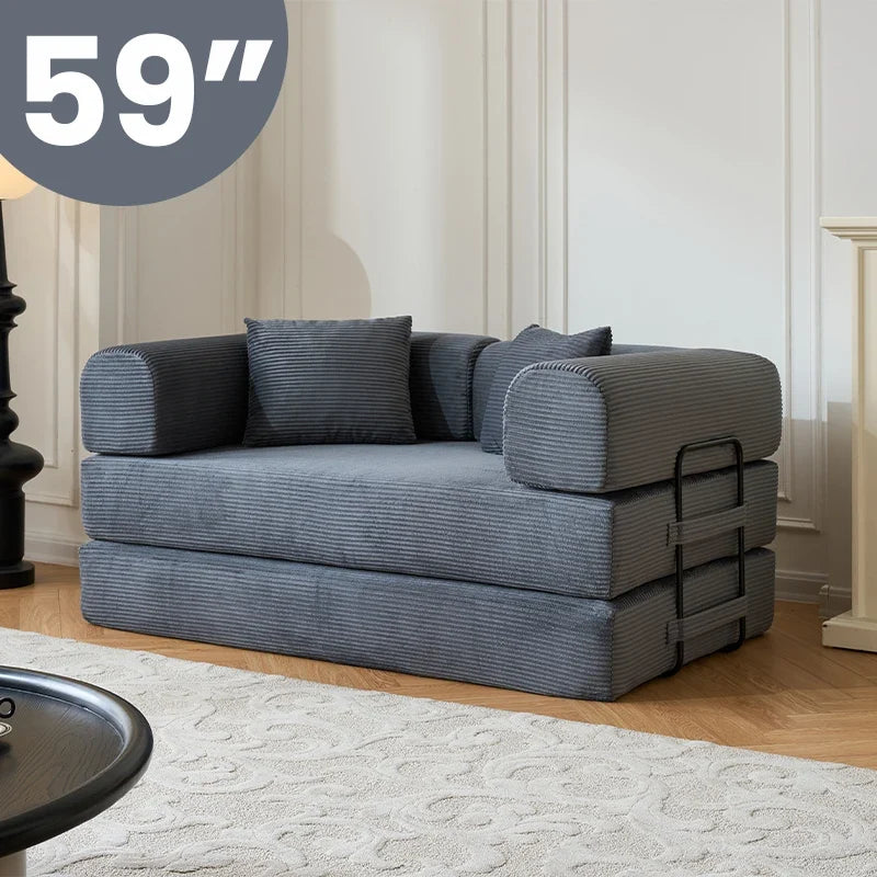 59" Boneless Folding Convertible Sofa Bed, Small 2-Seater Corduroy Futon Floor Couch with Pull Out Sleeper, No Assembly Boneless Loveseat for Living Room