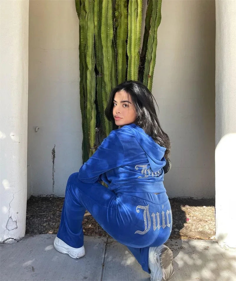 Velour Juicy Sewing Suit Hoodies Velvet Zipper Sweatshirt and Pants Set Sportswear 2023 Women's Spring/Fall Tracksuit Crop Top
