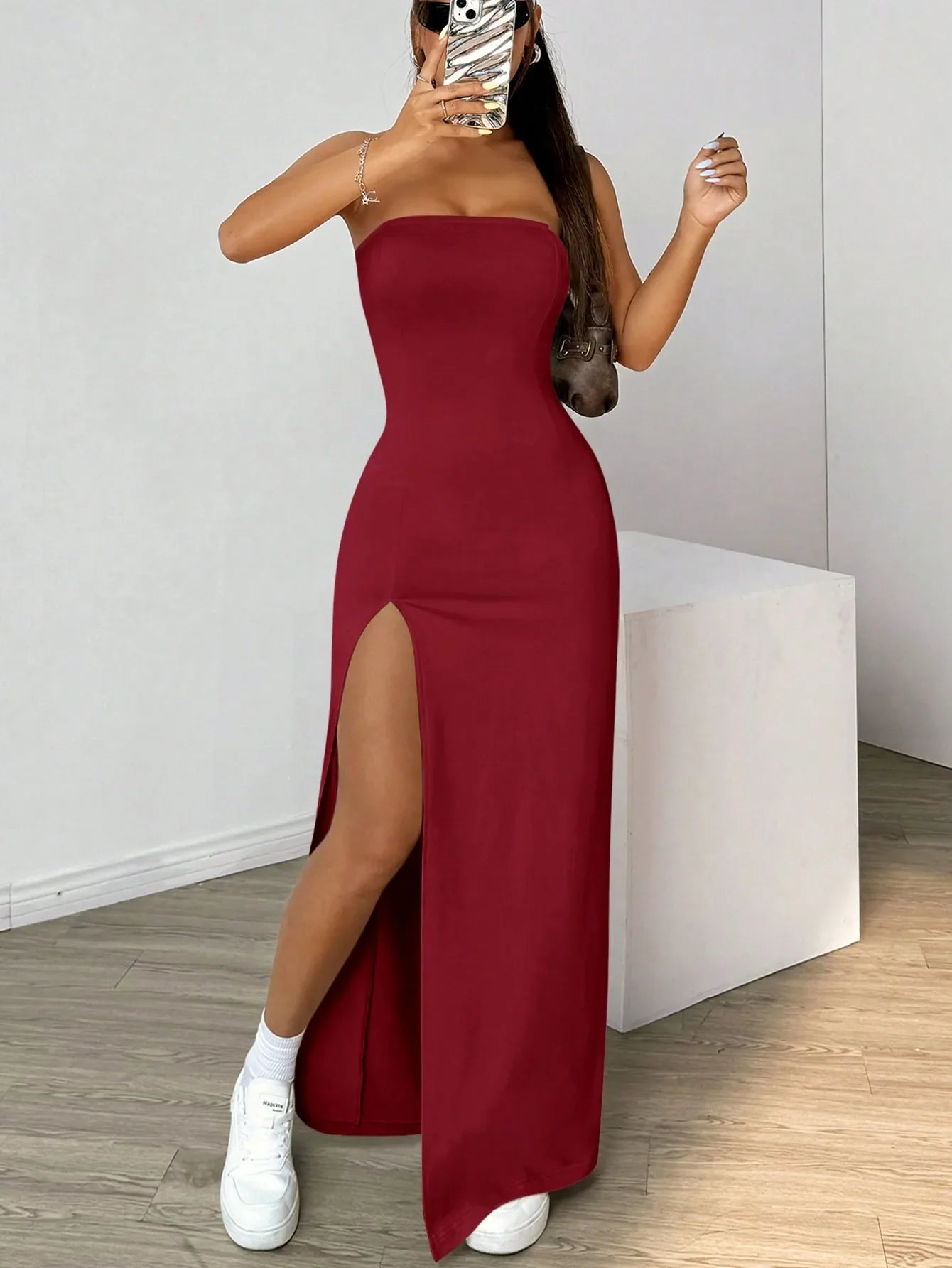 Elegant ladies strapless camisole, simple basic solid color long dress, casual, semi-formal occasions,