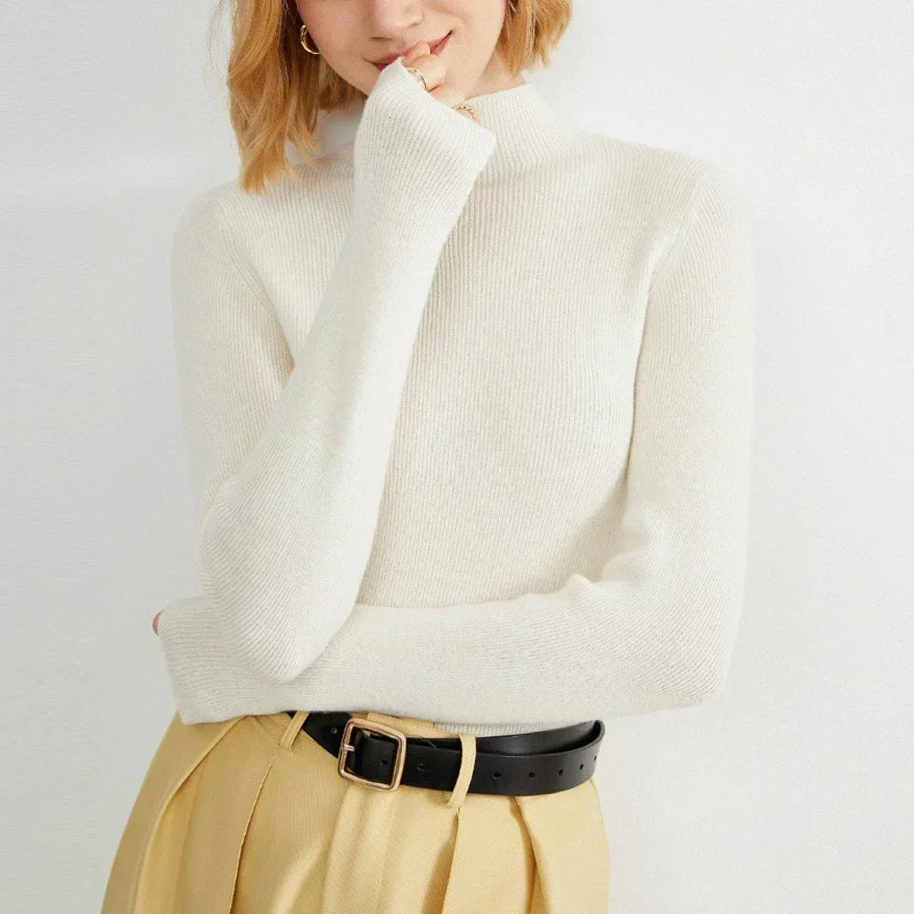 Long Sleeved Knitted Sweater Girl S-XL Red Coffee Green Yellow Half High Collar T Shirt Women Slim Tops Autumn Winter X-G-Xinde