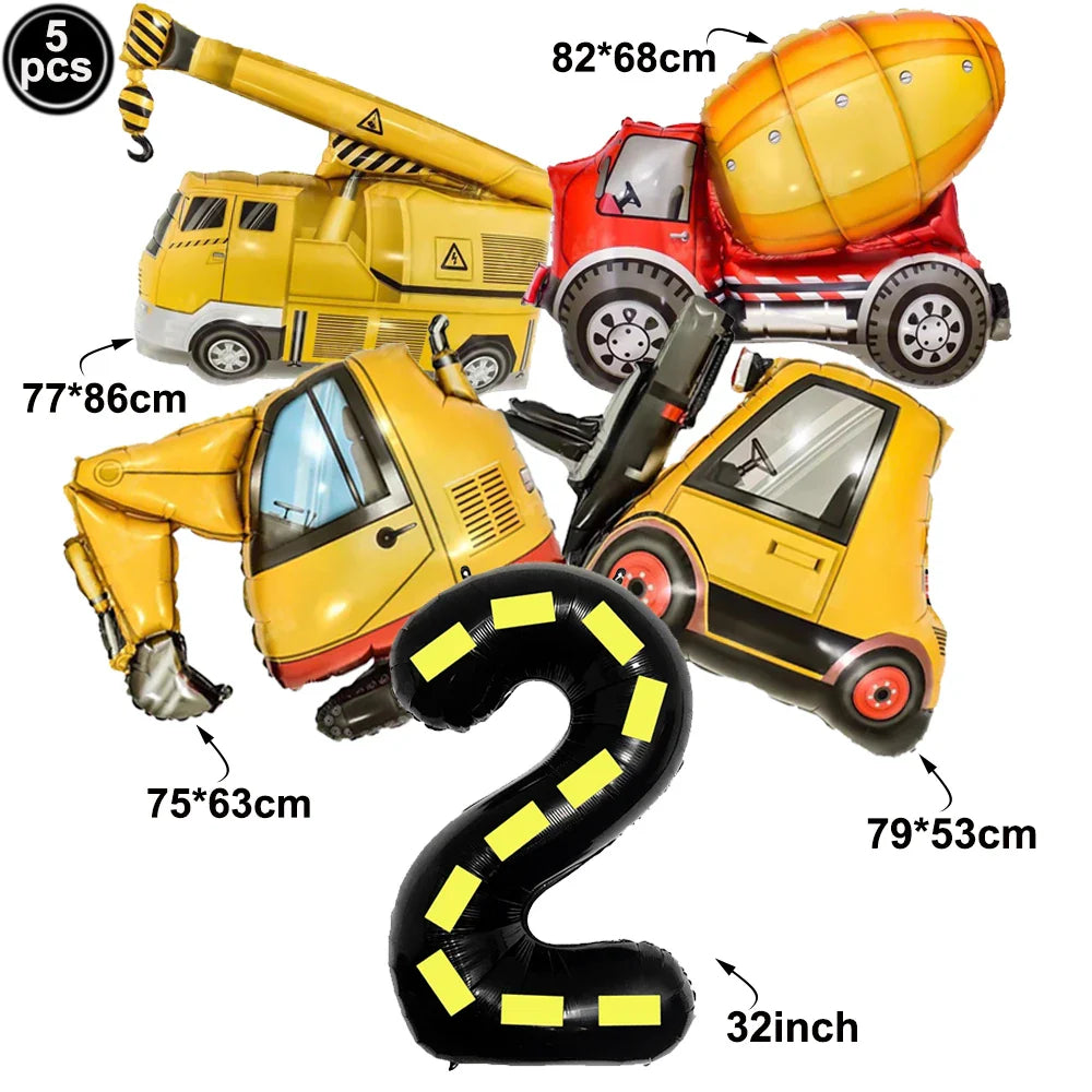5pcs Construction Themed Balloon Carton Vehicle Balloon Excavator Forklift Crane Balloons for Boy's Construction Birthday Party