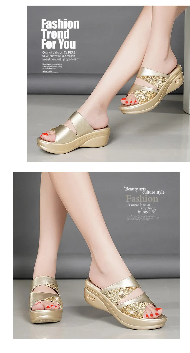 Sandals Woman Summer Gold Open Toe Sandal Dress Shoes Womens High Heels Sandals Platform Wedges Heeled Pumps Ladies Shoes
