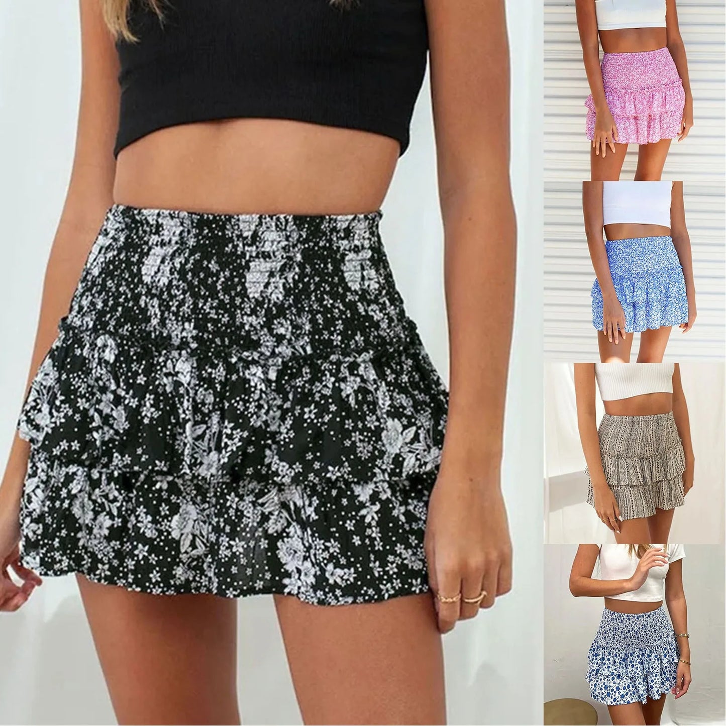 Women's Sexy Skirt Pleated Ruffle Ruched Hem Little Floral Printed Fashion Boho Style Alluring and Glamorous Women Skirts