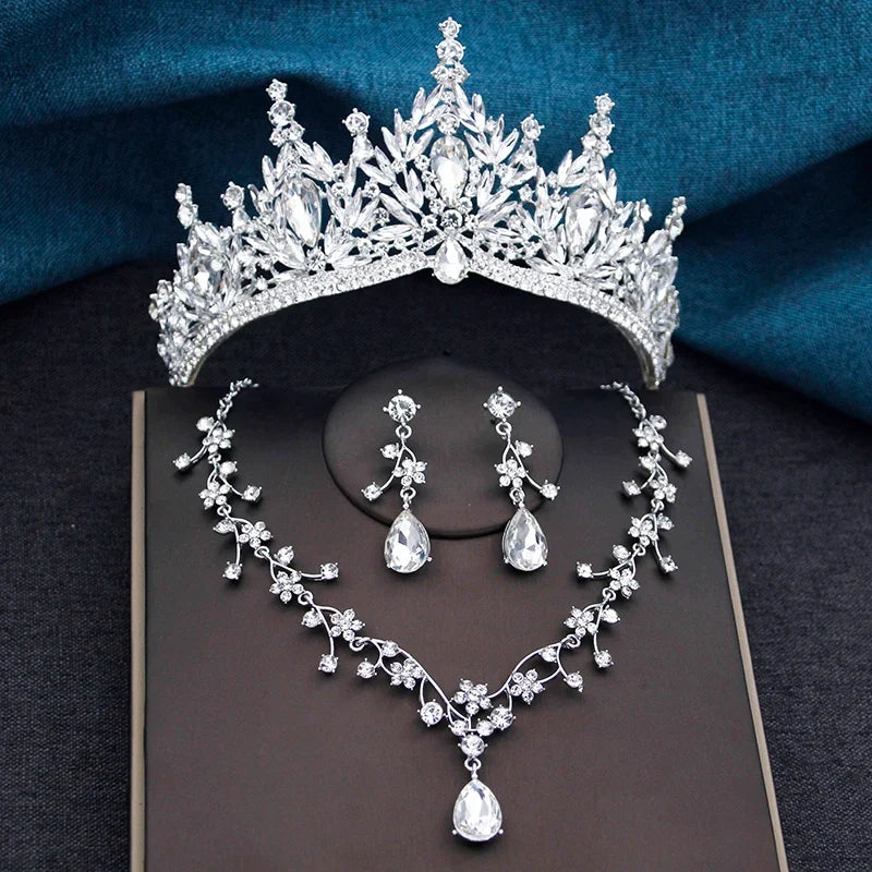Baroque Wedding Crown for Bride 3-Pack Tiara Earrings Necklace Bridal