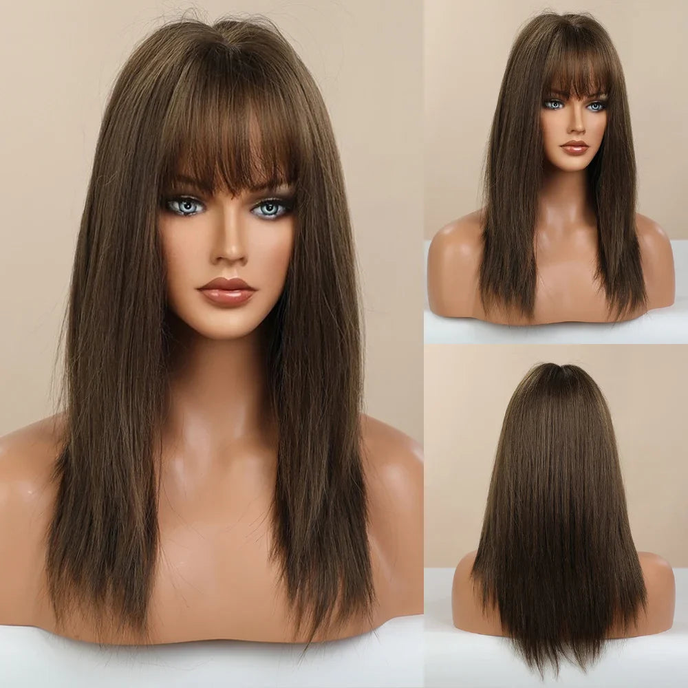 Element Medium Length Synthetic Straight Natural Brown Wigs with Side Bangs Heat Resistant Party Wigs for White/Black Women