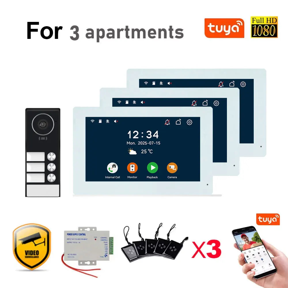 Tuya 7Inch Touch Monitor Video Wifi Intercom Smart Home Video 2 / 3 / 4 Family Apartment Doorbell System 1080P Wide Angle Camera