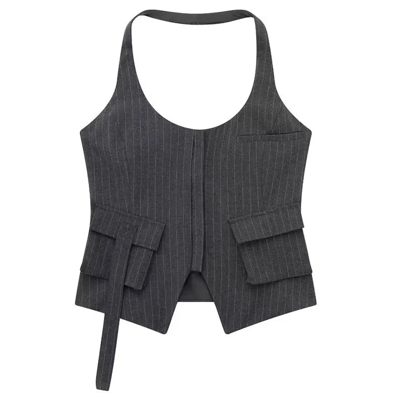 TRAFZA 2023 Summer Camis For Women Fashion Asymmetrical Sheath Short Halter Neck Straps Top Female Wild Hotsweet Women's Tops