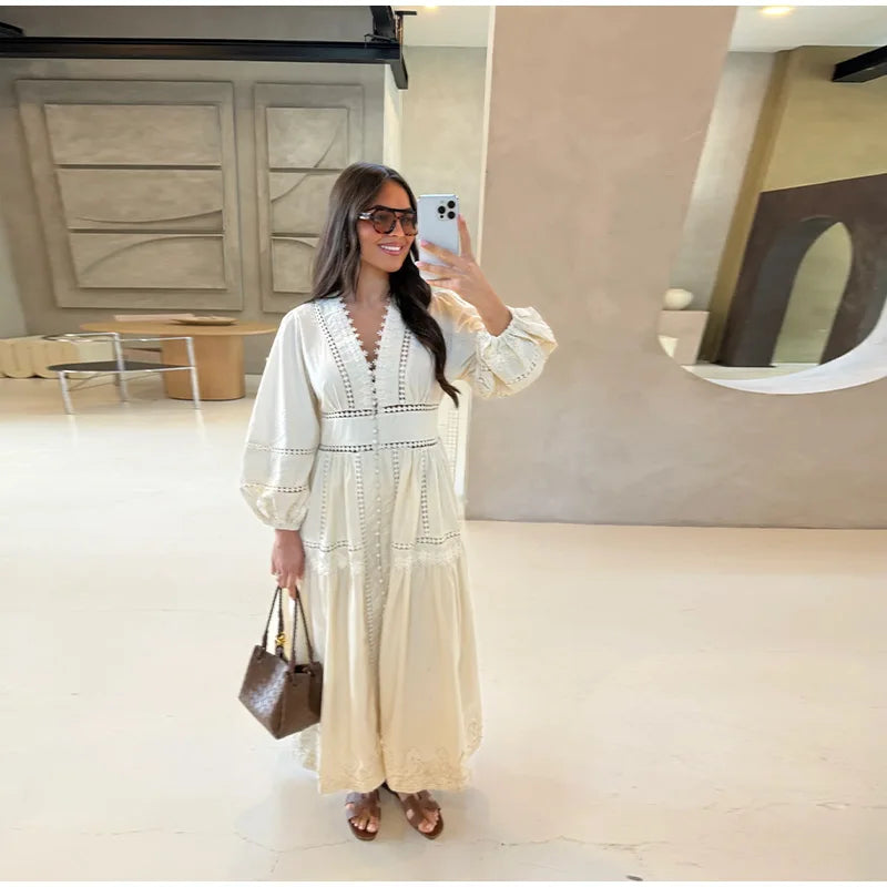 Elegant Lace Hollow Out Women's Long Dress Solid V-neck Patchwork Puff Sleeve Bodycon Dressess Female 2025 Spring New Lady Robes
