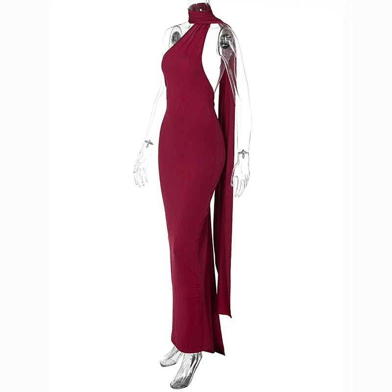 Hugcitar One Shoulder Backless Adjustable Scarf Loop Ruched Sexy Maxi Dress 2025 Women Elegant Y2K Streetwear Festival Outfit