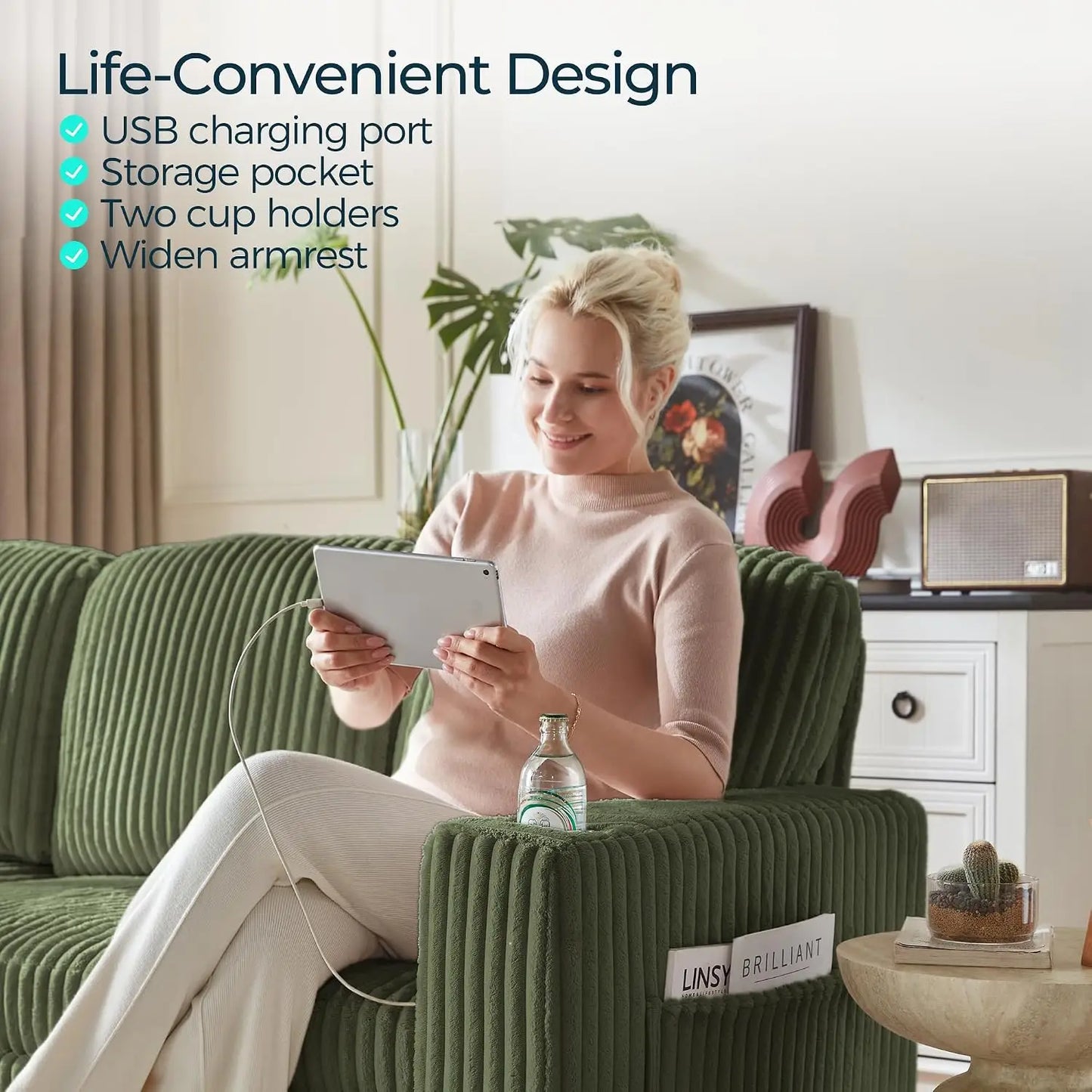Sectional Couches for Living Room, 81" L Shape 5 Seats, Green | Sleeper sofa with pull out couch bed, corduroy, Customized